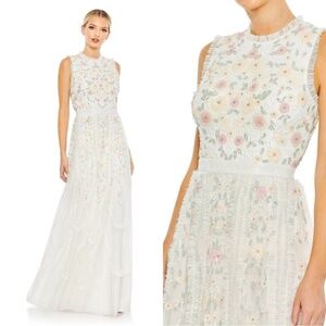 NWT | Mac Duggal 9137 White Embroidered High Neck Sleeveless Ruffled Gown 14